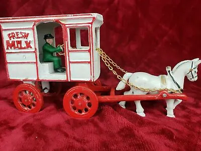 VTG Cast Iron Horse Drawn Fresh Milk Cart With Rare White Horse • $25.99