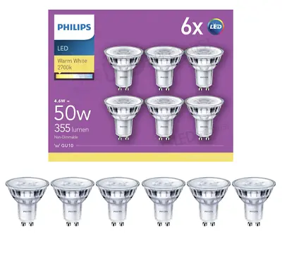 Philips 4.6W LED GU10 Light Bulbs 50 Watt 2700K Warm White 6 Pack Non Dim • £18.99