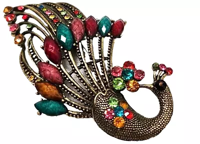 Vintage Peacock  Brooch Antiqued Multicolor Marquis And Round Stones *READ • $10.25