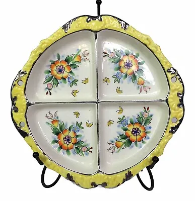 Moriyama Mori Machi Pottery Divided Plate Floral Butterflies Yellow Silver • $24.95