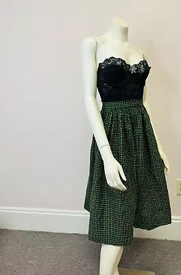 VTG 50s 60's Circle Skirt Side Zip Green & Black Polka Dot Novelty Metal Zip S • $48