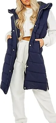 Womens Ladies Long Line Hooded Puffer Gilet Jacket Padded Vest Top Body Warmer • £34