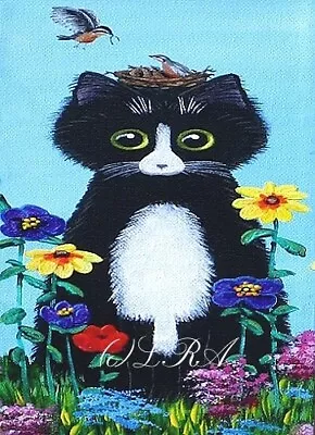 Black Tuxedo Cat ACEO Miniature Art Print Of Painting Creationarts ATC Bird Nest • $6.99