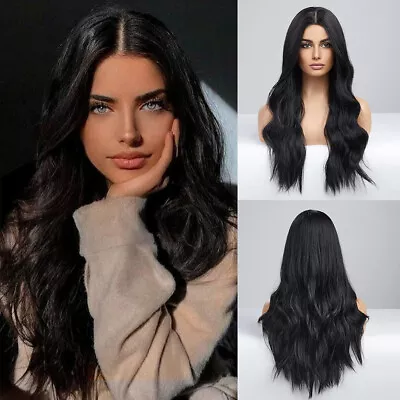Cosplay Wig Fake Scalp Off Black Heat Resistant Synthetic Hair Long Wavy • £15.19