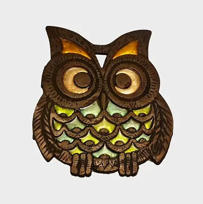 Vintage Horned Owl Trivet Stained Glass Metal Cast Iron Coaster Hot Plate MCM • $17
