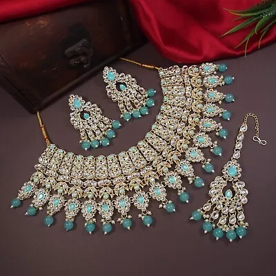 Indian Bollywood Sky Blue Kundan Gold Plated Bridal Choker Necklace Wedding Set • $23.99