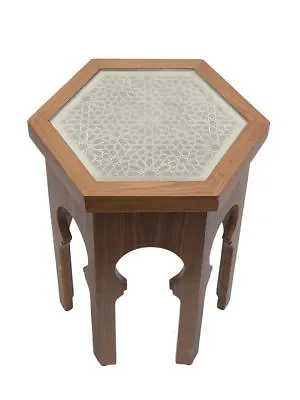 £295 • Buy GUELIZ Hex Wooden Side Table With Glass - By Moroccan Bazaar