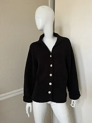 SO BLUE SIGRID OLSEN VINTAGE! Black Chenille Plush Buttoned Cardigan Sweater L • $27.99