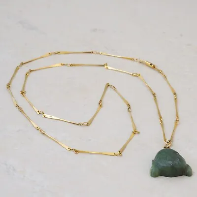 Vintage Handcarved Green Jade Buddha Face Necklace Gold Bar Chain Necklace Stone • $125