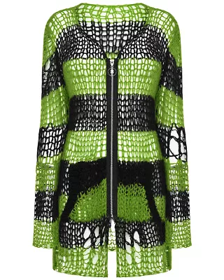 Punk Rave Womens Gothic Striped Shredded Cardigan Sweater - Green & Black • £39.99