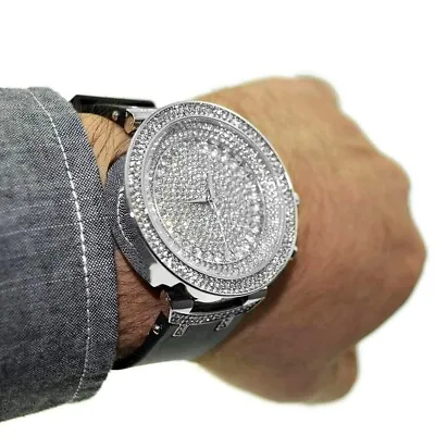 Mens Hip Hop Iced Watch Big Round CZ Silver Tone Black Band  (CLOSEOUT SALE!) • $25.25