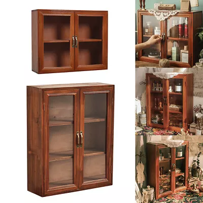 £18.95 • Buy Wall Mount Wood Storage Cabinet Double Clear Door Cupboard Desktop Display Shelf