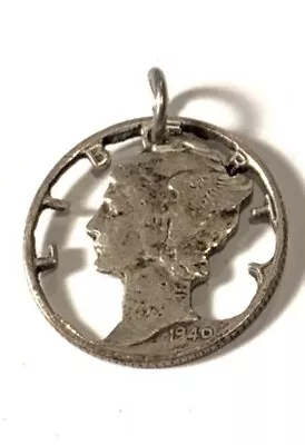 Vintage 1940 Silver Cutout Mercury Dime Pendant • $28