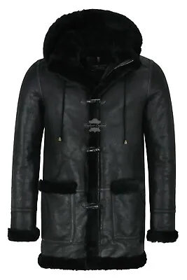 Men's Leather Sheepskin Duffle Coat Black Black Fur Hooded 100% Shearling Ivar • $621.68