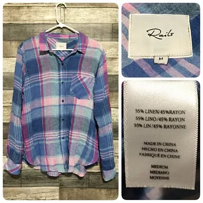 Rails Plaid Linen Rayon Button Up Shirt Women’s M Pink Blue Lightweight • $24.99