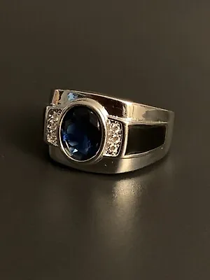 Mens Simulated Blue Sapphire Silver Tone Adjustable Wrap Around Ring • $14.95