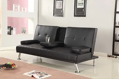 Italian Style Luxury Sofa Bed With Drink Cup Holder Table Faux Leather 4 Colours • £154.99