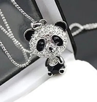 Super Cute Silver Tone Moveable Crystal Panda Animal Necklace Fashion Jewellery • £4.95