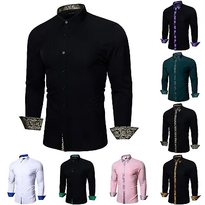 Mandarin Collar Shirts For Men Casual Long Sleeve Black Button Down Dress Shirt • £19.99