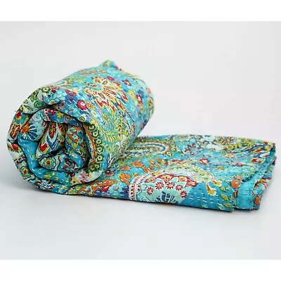 Indian Handmade Cotton Kantha Paisley Quilt Throw Blanket Turquoise Bedspread  • £59.99