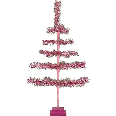 28in Tall Vintage Pink And Silver Tinsel Christmas Tree Wood Stand Included • $14.99