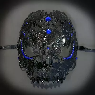 Candy Skull Collection | Metal Masquerade Mask Black With Blue Rhinestones Men • $19.12