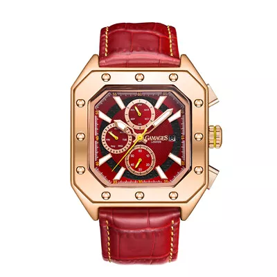 Mens Automatic Watch Rose Gold Republic Cherry Red Leather Bracelet GAMAGES • £59.99