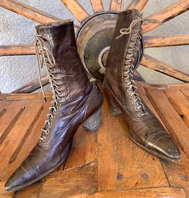 Vintage Victorian Leather Women's Lace-Up Brown High Heel Antique Boots • $35.99