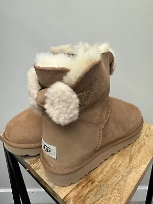 Womens Ugg Arielle Bow Boots Size 11 Chestnut Ankle Suede Wool Fur • $102.69