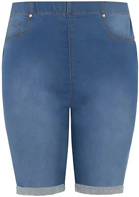 Womens Stretch Denim Blue Knee Length Pull On Shorts Turn Up Ladies Plus Size • £15.16