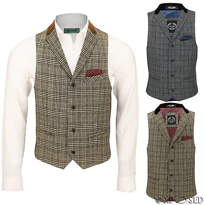 Mens Vintage Waistcoat Herringbone Tweed Check Velvet Collar Retro Formal Vest • £14.99