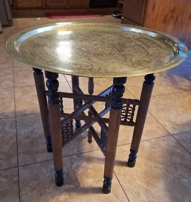 Handcrafted Moroccan 21  Round Brass Tray Tea Table With Folding Wood Stand • $320