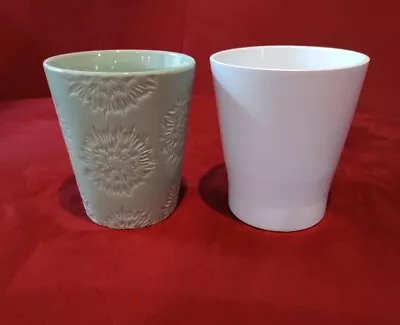 5” SET OF 2/ White Green Pattern Ceramic Flower Orchid Pots Waterproof 3.5x5.5x5 • $12.99