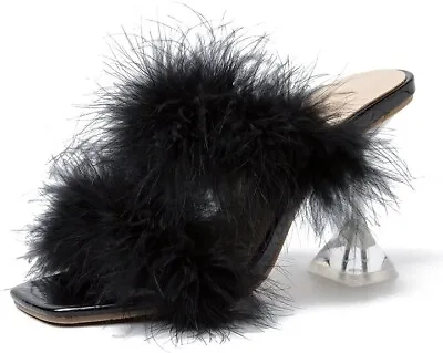 Sexy Shoes Women Size 10/43 Clear Platform Black Marabou Feather Slippers Mules • £20.09