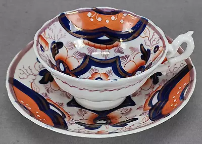 C. J. Mason Pattern 3096 Orange Cobalt & Luster Floral Tea Cup & Saucer C1830 C • $125