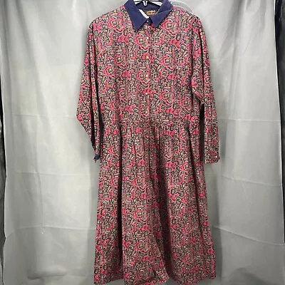 Vintage Eddie Bauer Dress Womens XL Red Blue Paisley Modest Prairie Core Collar • $32.99