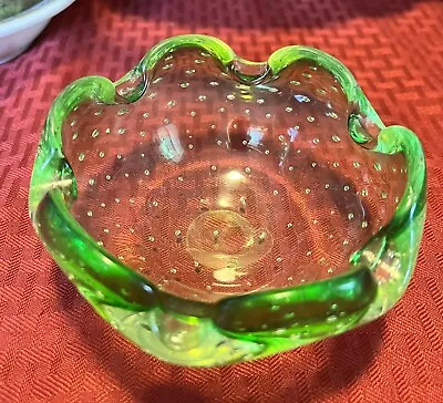 Vintage Murano Glass Ashtray Bowl Bullicante Bubbles Green Italian Art Glass • $29.99