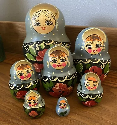 Vintage Set Of 7 Russian Matryoshka Nesting Dolls Blue Black Red Green  5” • $21.50