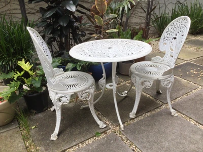 $150 • Buy Vintage Cast Aluminium White Outdoor Garden Setting - Table And 2 Chairs