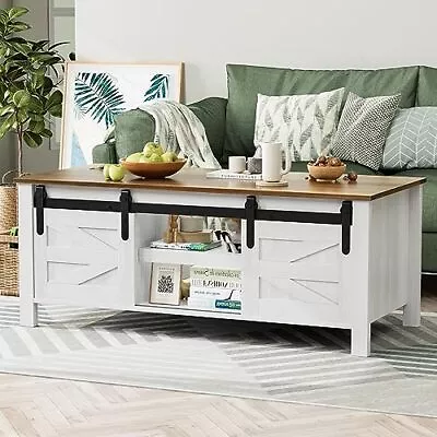 Coffee Table With Sliding Barn Doors & Storage Wooden Center Rectangular Cab... • $194.87