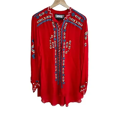 Vintage Collect Red Embroidered Western Button Front Band Collar Womens Size XL • $52.50