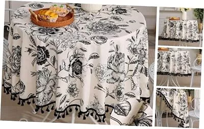 Floral Round Tablecloth 60 Inch Cotton Linen Table Cloth With 60  Round Black • $38.15