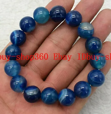 Natural 6/8/10/12/14mm Blue Striped Agate Round Gemstone Beads Bracelet 7.5'' • $2.59