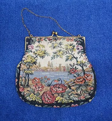 Vintage PETIT POINT Floral EMBROIDERED TAPESTRY Purse HANDBAG Chain Handle • $25