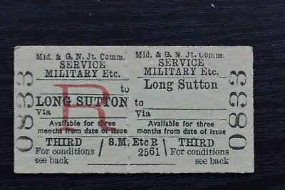 M&GN Jt Railway Ticket LONG SUTTON To ............ No 0833 SERVICE MILITARY • $3.79