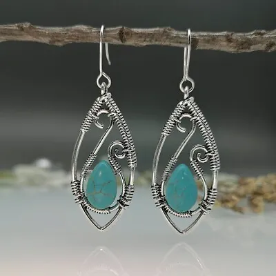 Wire Wrapped Silver Turquoise Earring-Handmade Silver Teardrop Earring • £13.99