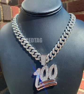 Silver Plated Iced Bling Out Alloy Ice Busted 100 Pendant 24  Hip Hop Necklace • $37.99