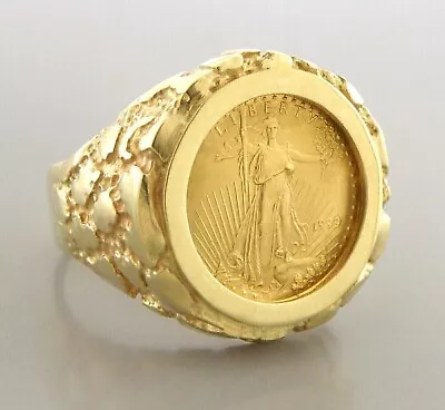 Men's 20 Mm Coin American Eagle Nugget Wedding Band Ring 14K Yellow Gold Plated • $231.82