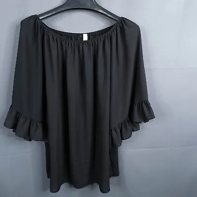 Yahada Womens Top Medium Black Sheer Oversize Off Shoulder Flowy 3/4 Sleeve • $12.73