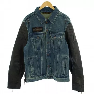 Men's Harley Davidson Denim Jacket Leather Switching Studs Logo L Blue Black • $223.37